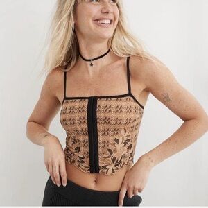 Aerie Tan and Black Lace Crop Top